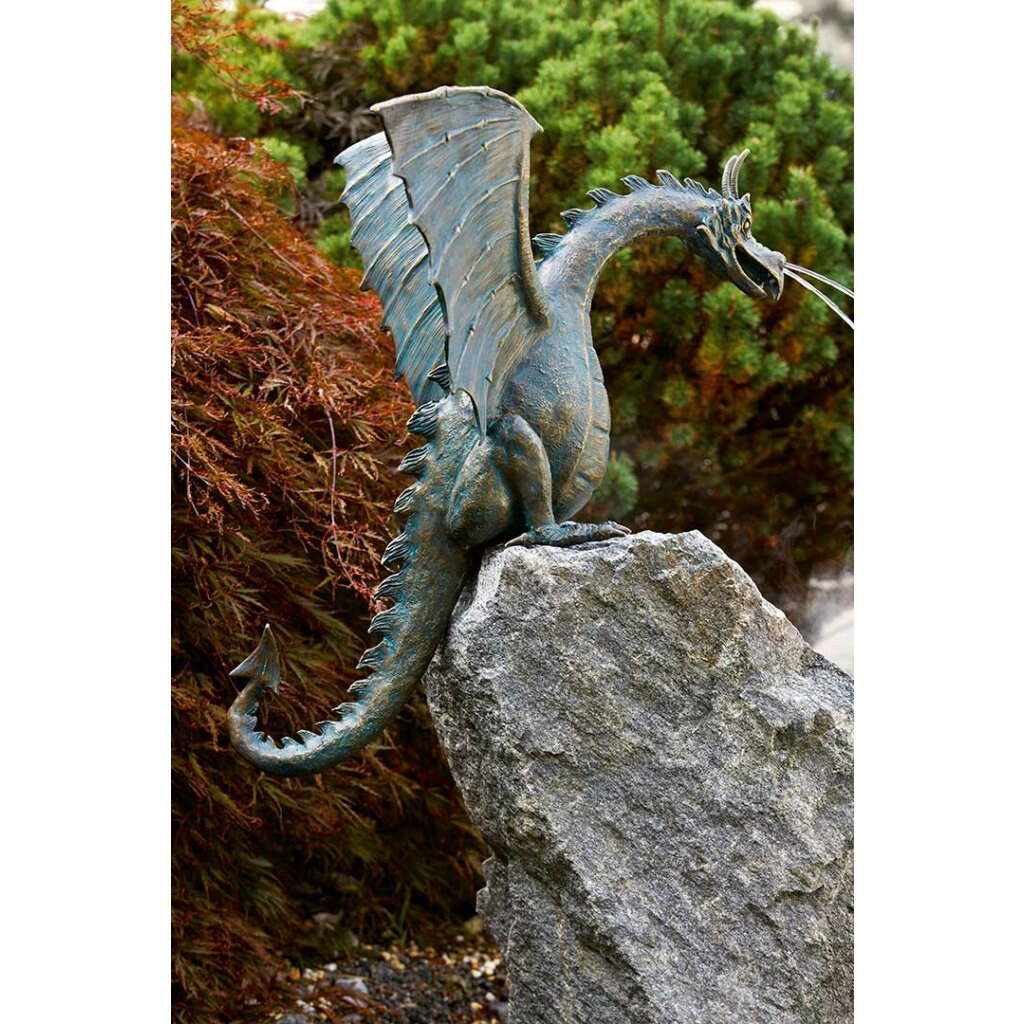 Gartendeko Figur: Bronzefigur Garten, Drachenvogel Saphira, Wasserspeier/Brunnen, Spannweite 80 cm 
