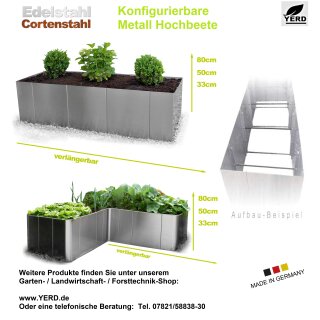 Details:   Hochbeet Metall: Edelstahlbeet "Square 160" H33 (160x60cm Höhe 33cm)  by YERD -- Made in Germany / Edelstahlbeet, Edelstahl Pflanztopf, Edelstahlraumteiler, YERD, 