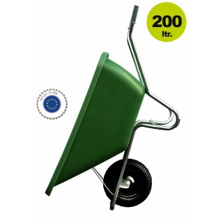 YERD Basics: Einrad-Schubkarre / Stallkarre, Hofkarre mit grüner Mulde, 200 Liter Großmuldenkarre verzinkt
