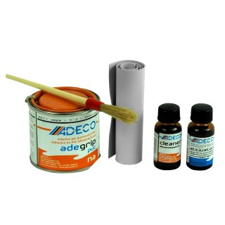Schlauchboot Reparatur-Set: Profi PVC-Kleber grau, 2 Komponeten-Kleber (ADECO adegrip), Härter, Cleaner, Pinsel und Flicken, Set mit PROWAKE Reparatur-Anleitung in deutsch