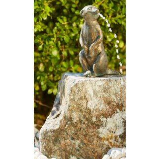 Details:   Gartendeko: Bronzefigur Erdmännchen mittelgroß wsp. auf Granit, Wasserspeier / Brunnen / Bronze, Figur, Garten 